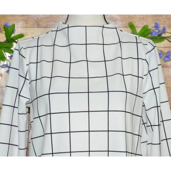 Melloday White 3/4 Sleeve High Neckline Blouse M Grid Window Pane Pattern Career - Picture 2 of 10